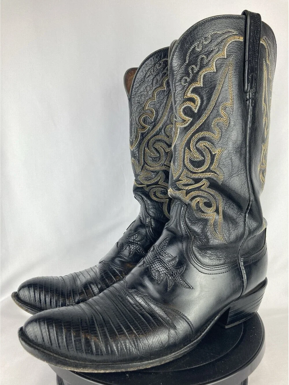 Men’s 11 Lucchese 1883 Black Teju Lizard Cowboy Boots Western Exotic J4 Snip Toe
